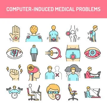 Computer-induced medical problems line icons set. Isolated vector element. Stock Illustration