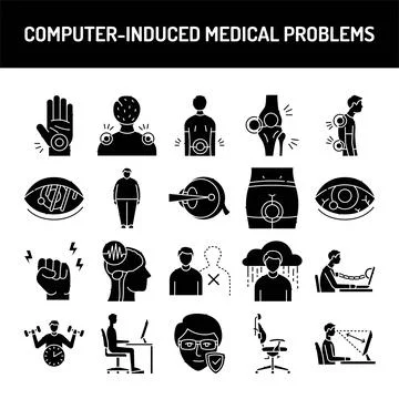 Computer-induced medical problems line icons set. Isolated vector element. Stock Illustration