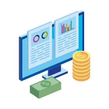Computer with infographic and stack cash Stock Illustration