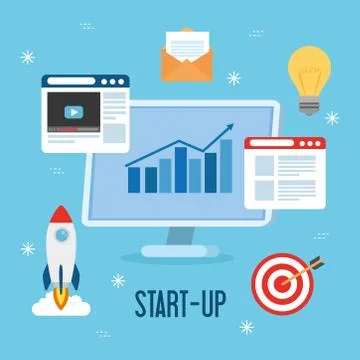 Computer with infographic and start up icon set vector design Stock-Illustration