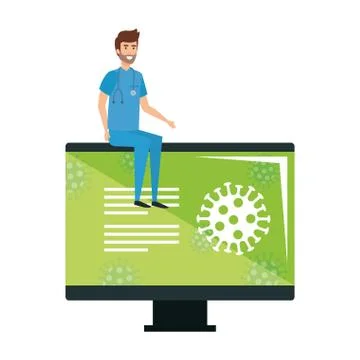 Computer with information covid 19 and paramedic Stock Illustration