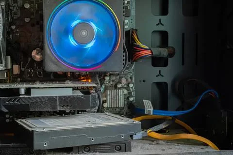 Computer inside with cooling fan and hardware components Stock Photos