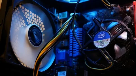 Computer from the inside - processor, motherboard, video card, fans. Stock Footage 97801174