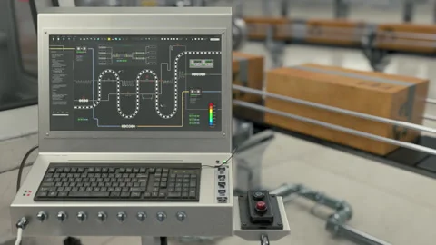 Computer inspecting the automated manufacturing equipment packaging the product Stock Footage 263906227
