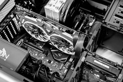 Computer installation. New processor Ryzen 7 and computer motherboard Asus rog Stock Photos