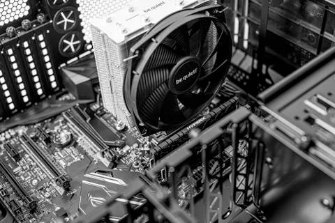 Computer installation. New processor Ryzen 7 and computer motherboard Asus rog Stock Photos