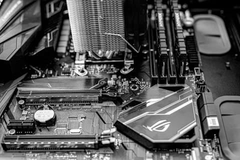 Computer installation. New processor Ryzen 7 and computer motherboard Asus rog 写真素材