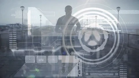 Computer interface with data processing and round scanner against african Stock Footage 157921177
