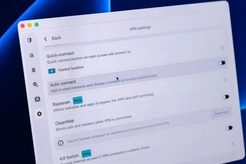 A computer interface displays VPN settings on a monitor screen to convey 写真素材