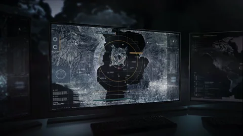 Computer Interface. Map And Data From Satellite. Scanning For Targets. Drone Video stock 205599730