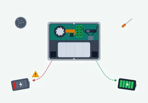 Computer internal components with cooling fan, RAM modules, screws and Stock Illustration