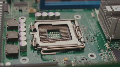 Computer internal structures. Electronic details. Close-up of green circuit chip Stock Footage 123321411