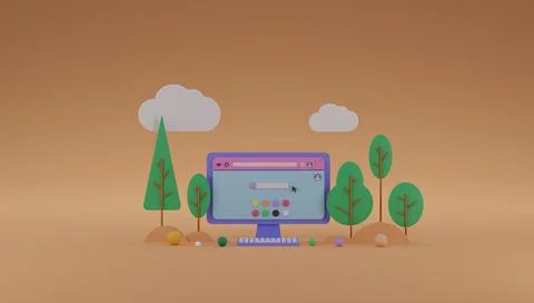 Computer with internet browser on screen 3D render illustration Stock Illustration