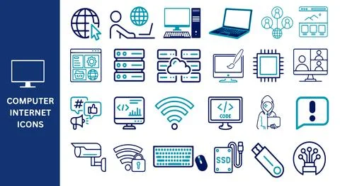 Computer Internet Icon Set. Online, computer, network, website, web design. Stock Illustration