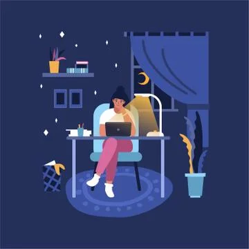 Computer internet work concept with people in office and home. Young man and Stock Illustration