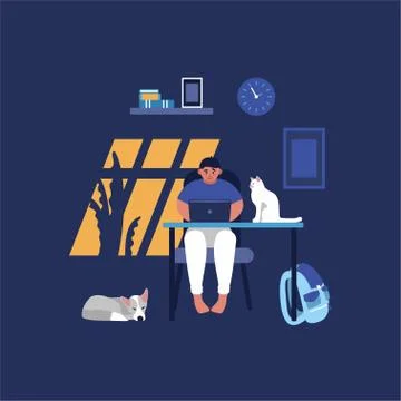 Computer internet work concept with people in office and home. Young man and Stock Illustration