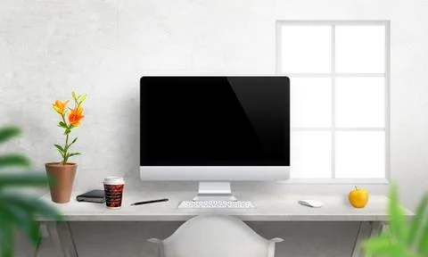 Computer with isolated screen for mockup on office desk. Stock Photos