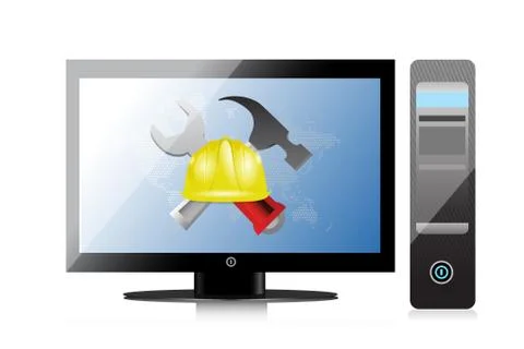 Computer with issues and under construction sign 库存插图