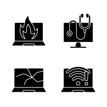 Computer issues black glyph icons set on white space Stock Illustration
