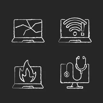 Computer issues chalk white icons set on black background Stock Illustration