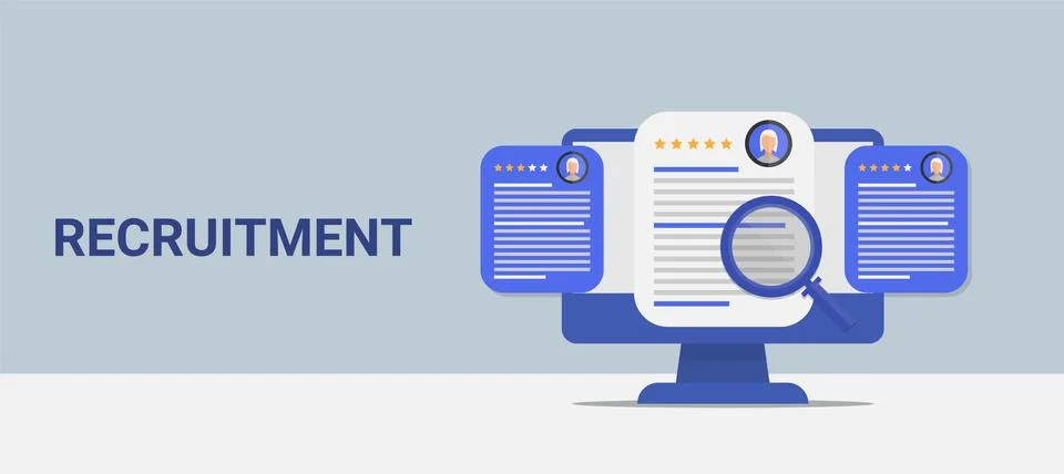 Computer With Job Applicant's CVs On Screen, Blue Background, Vector Stock Illustration