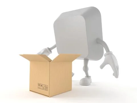 Computer key character with open cardboard box Illustrazione stock