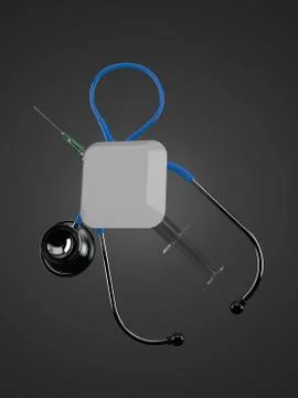 Computer key with stethoscope and syringe Illustrazione stock