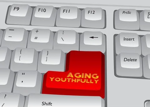 Computer Keyboard with Aging Youthfully text. Close-up of an electronic Com.. Stock Illustration