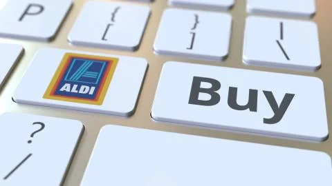 Computer keyboard with ALDI logo and Buy text on the keys. Editorial 3D Stock-Illustration