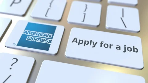 Computer keyboard with AMERICAN EXPRESS logo and Apply for a job text on the Vídeos de archivo 103984610