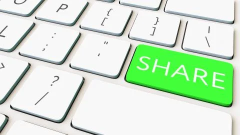 Computer keyboard and green share key. Conceptual 3D rendering Illustrazione stock