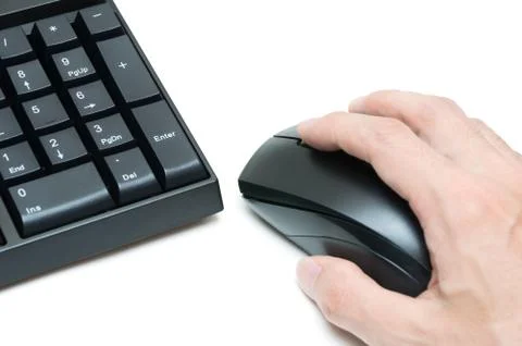 Computer keyboard and hand holding mouse  isolated on white background Stock Photos