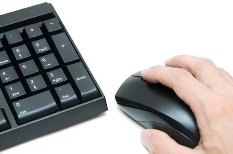 Computer keyboard and hand holding mouse  isolated on white background Stock Photos