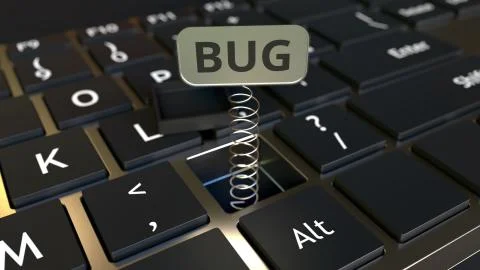 Computer keyboard and jack-in-the-box BUG message in the key. Conceptual 3D Illustrazione stock