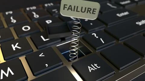 Computer keyboard and jack-in-the-box FAILURE message in the key. Conceptual 3D Illustrazione stock