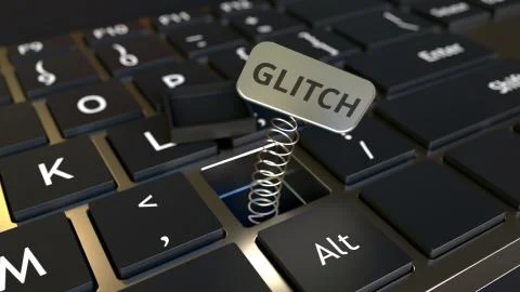 Computer keyboard and jack-in-the-box GLITCH message in the key. Conceptual 3D Illustrazione stock