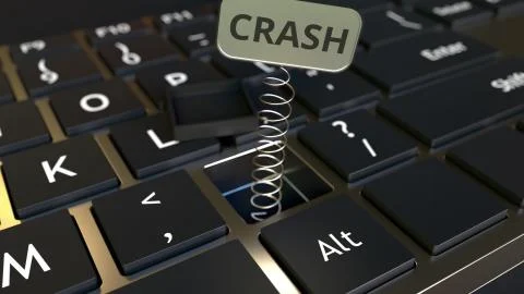 Computer keyboard and jack-in-the-box CRASH message in the key. Conceptual 3D Stock Illustration