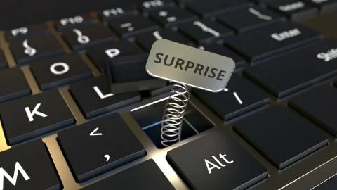 Computer keyboard and jack-in-the-box SURPRISE message in the key. Conceptual 3D Illustrazione stock