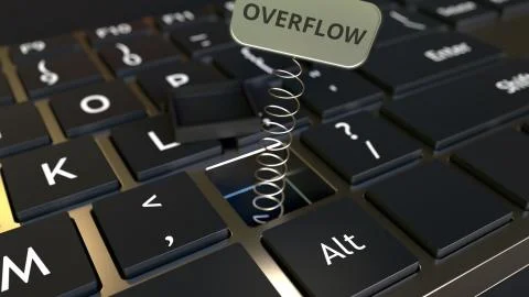 Computer keyboard and jack-in-the-box OVERFLOW message in the key. Conceptual 3D Illustrazione stock