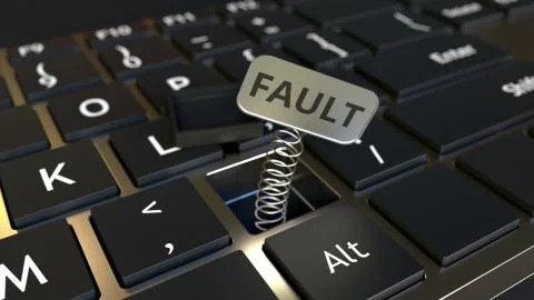 Computer keyboard and jack-in-the-box FAULT message in the key. Conceptual 3D Illustrazione stock