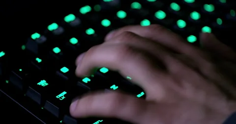 Computer, keyboard and man typing, gaming and play online challenge, fantasy RPG Video stock 254216171