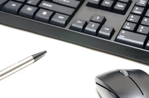 Computer keyboard and mouse and pen  isolated on white background Stock Photos