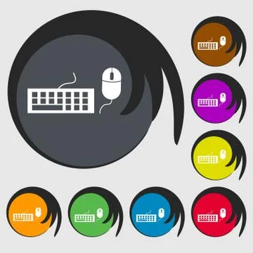Computer keyboard and mouse Icon. Symbols on eight colored buttons. Vector 스톡 일러스트