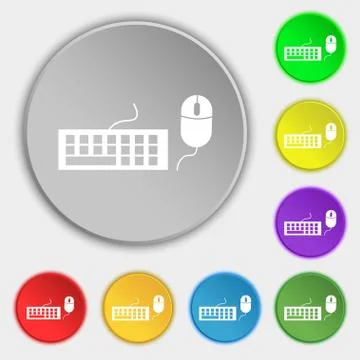 Computer keyboard and mouse Icon. Symbols on eight flat buttons. Vector Stock Illustration
