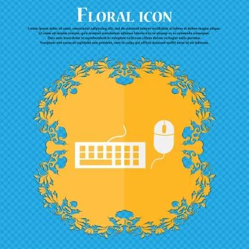 Computer keyboard and mouse Icon. Floral flat design on a blue abstract backg Stock Illustration
