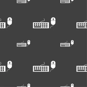 Computer keyboard and mouse Icon. Seamless pattern on a gray background. Vect Illustrazione stock