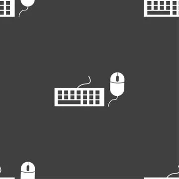 Computer keyboard and mouse Icon. Seamless pattern on a gray background. Vect 스톡 일러스트