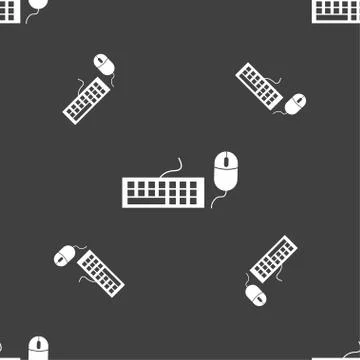 Computer keyboard and mouse Icon. Seamless pattern on a gray background. Vect Illustrazione stock