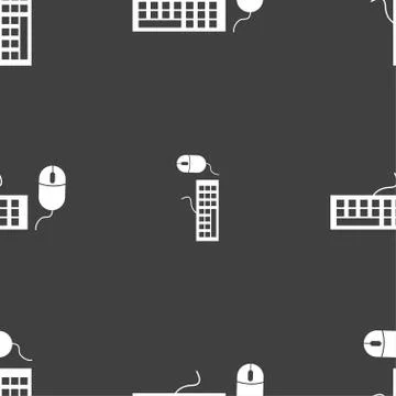 Computer keyboard and mouse Icon. Seamless pattern on a gray background. Vect 스톡 일러스트