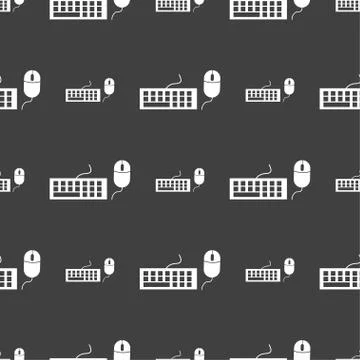 Computer keyboard and mouse Icon. Seamless pattern on a gray background. Vect Stockillustratie